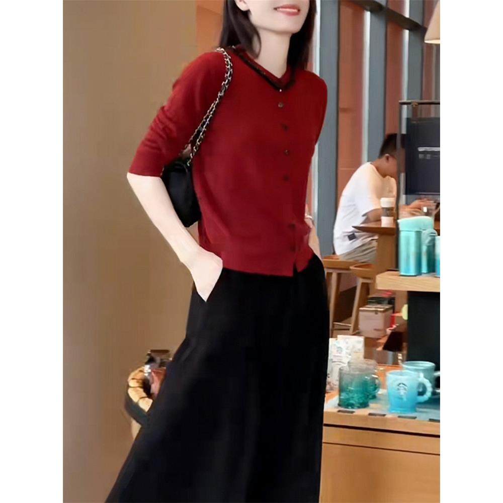 女CAZ红色长袖针织202新早秋修身针式织开衫5上衣