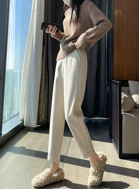 加绒毛小呢VTY子秋冬季个子高腰休闲宽松直筒裤西装裤八九分烟管