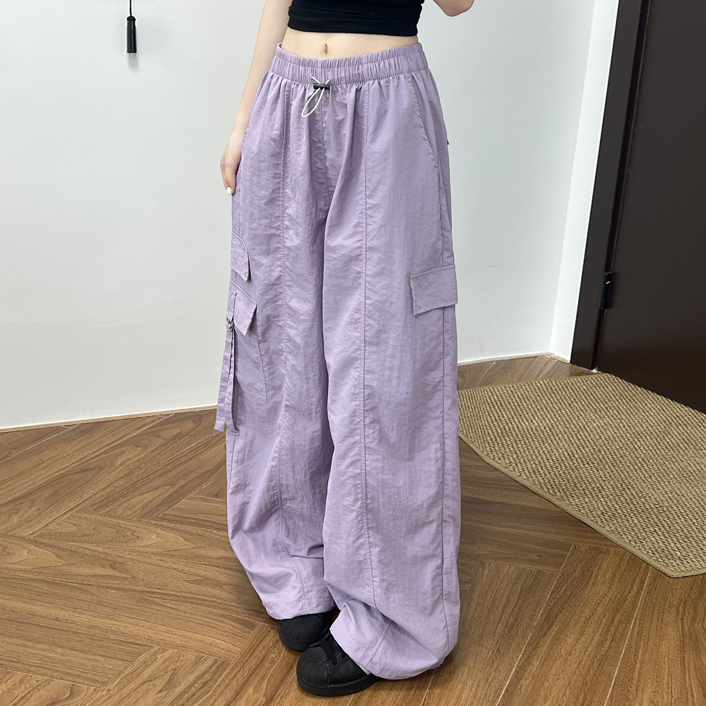 紫色工装裤女2026春夏季新款小个子直筒裤子高级垂坠感美式阔腿裤