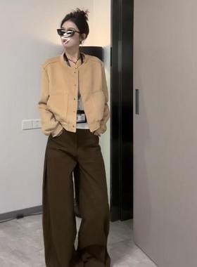 美式深棕色阔腿咖高牛仔裤女春季202裤5新款腰宽松直筒拖XSD0133