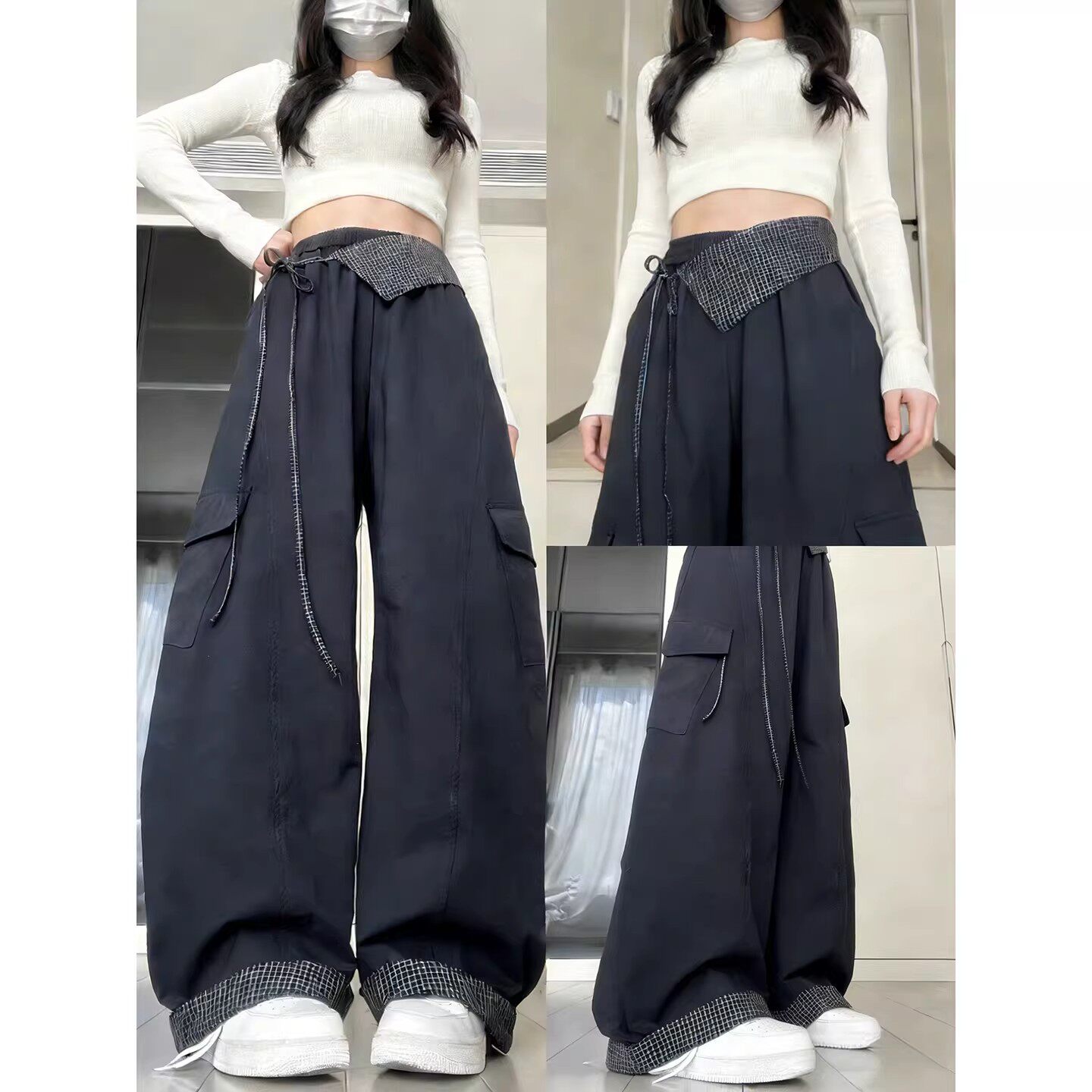 藏青色格子屁帘工装裤女夏季2026新款宽松bf慵懒风高腰窄版弯刀裤