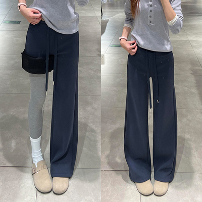 藏青lulu加绒阔腿裤女秋冬2025新款高腰显瘦慵懒风垂感拖地休闲裤
