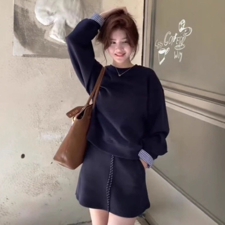 ootd韩系穿搭一整套初早秋季新款女装假两件卫衣半身裙子两件套装