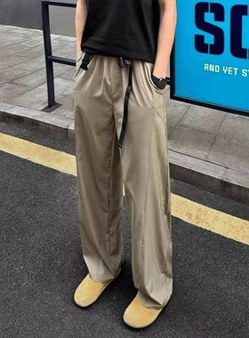 绿色冰丝凉感休闲裤子男夏季薄款透气直筒裤青少年飘带设计阔腿裤