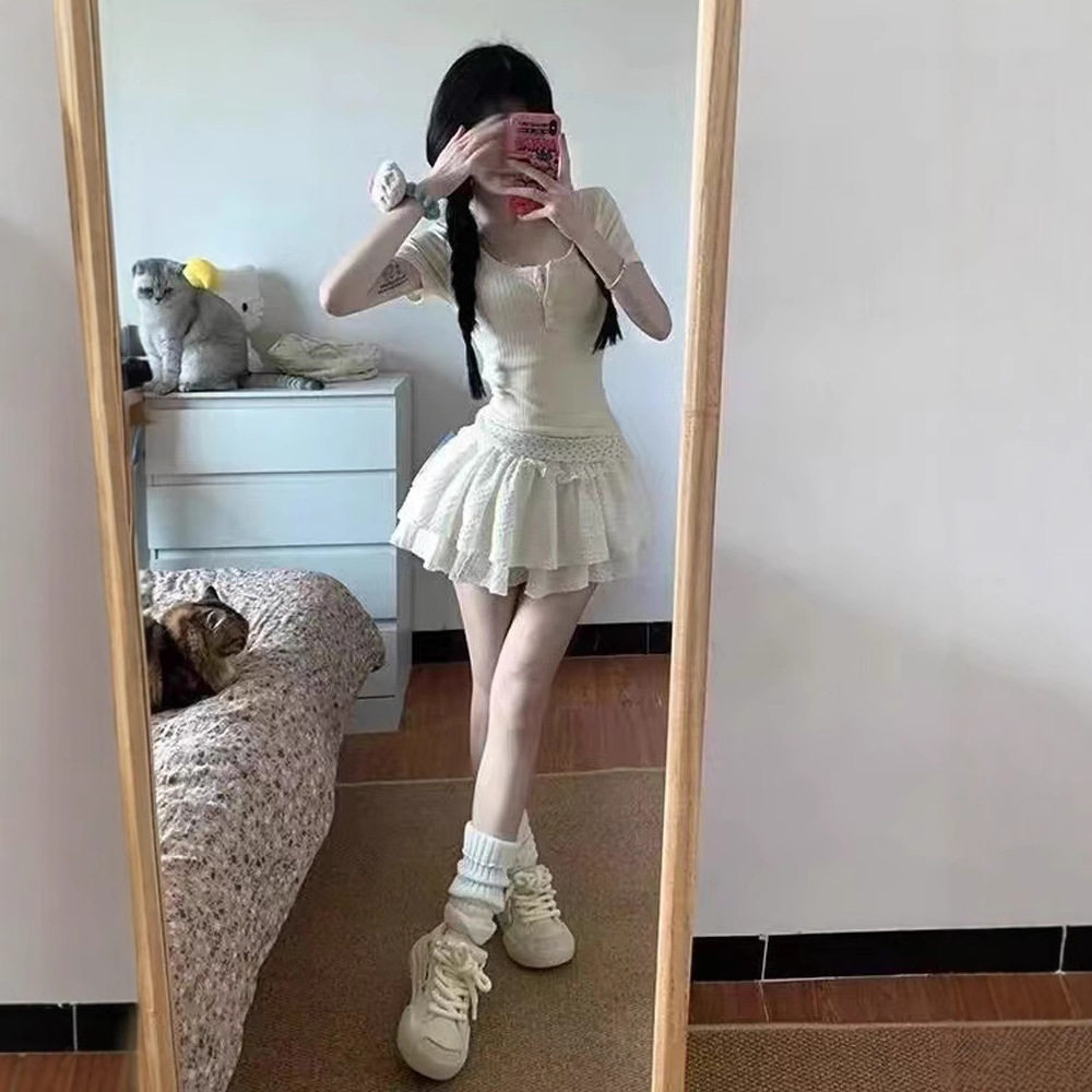 美式甜美假两件蕾丝碎花短袖T恤上衣女夏季新款蓬蓬蛋糕裙两件套