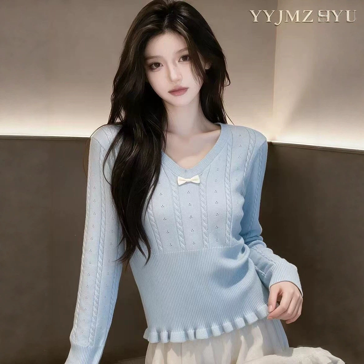 甜辣妹花边V领收腰打底上衣女秋冬春装蝴蝶结减龄针织衫毛衣内搭