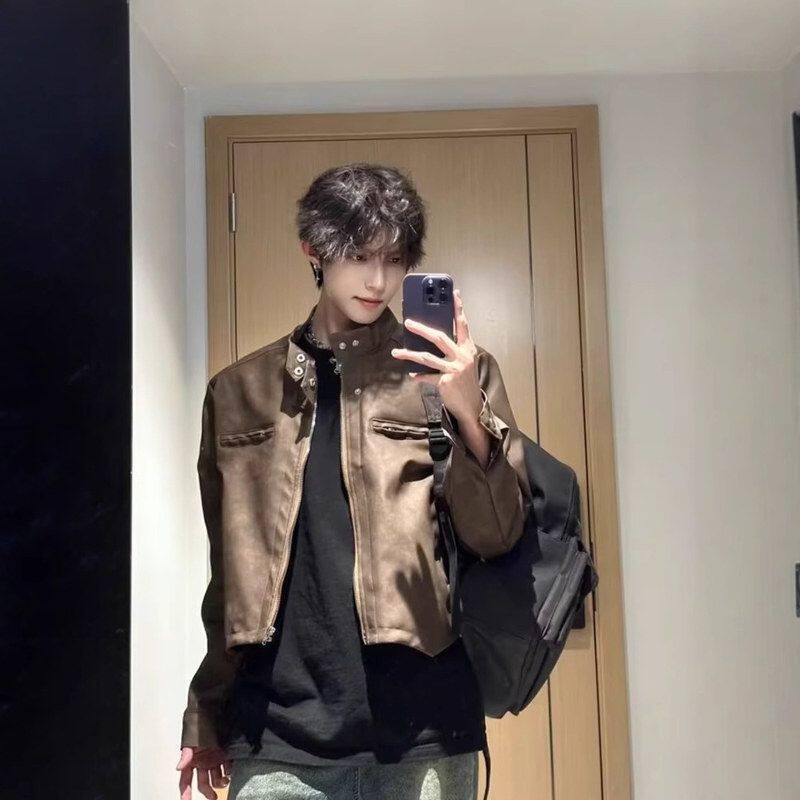 美拉德穿搭高街痞帅夹克男PU皮衣小众设计潮牌短款外套男复古棕色