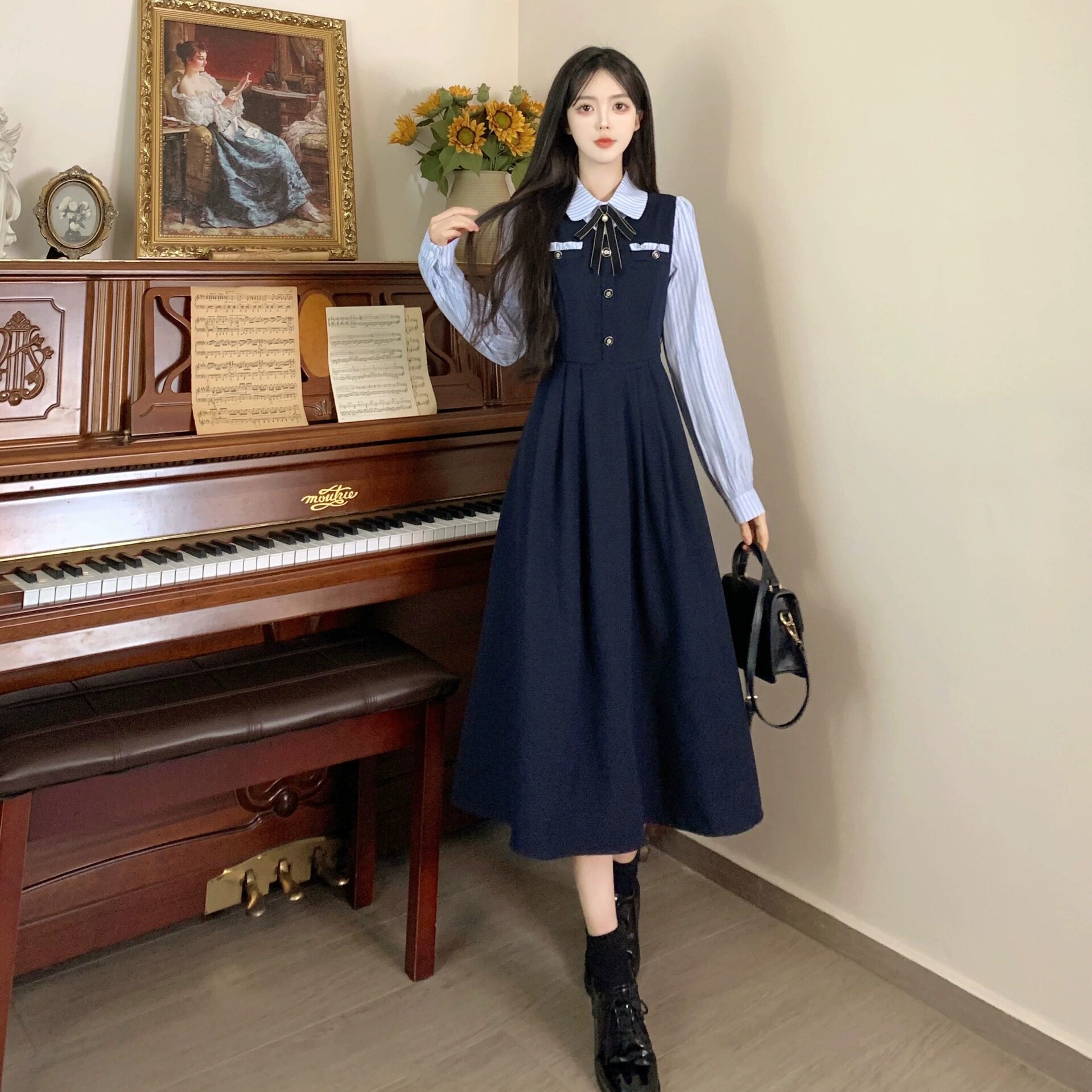 26春秋大码学院风蝴蝶结假两件衬衫连衣裙轻职场通勤穿搭裙子女装