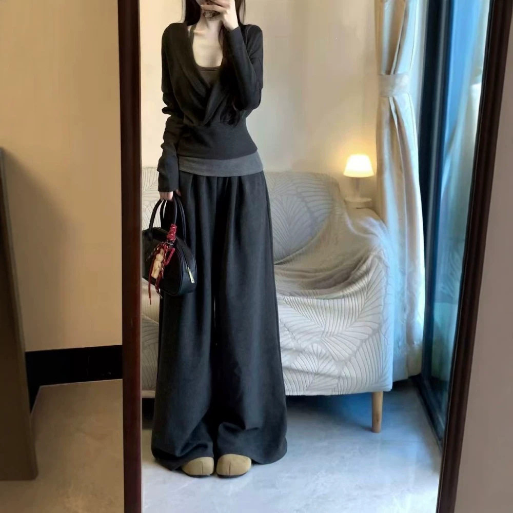 品质三件套装高端时尚灰色显瘦卫衣女叠穿挂脖背心宽松高腰阔腿裤