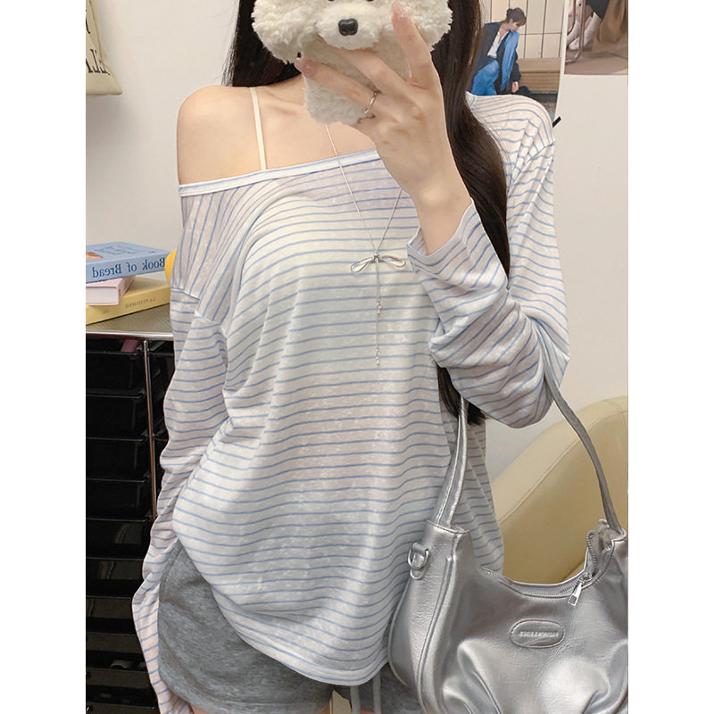 K2901严选莱赛尔拼接撞色条纹斜肩T恤女春夏薄款长袖打底上衣