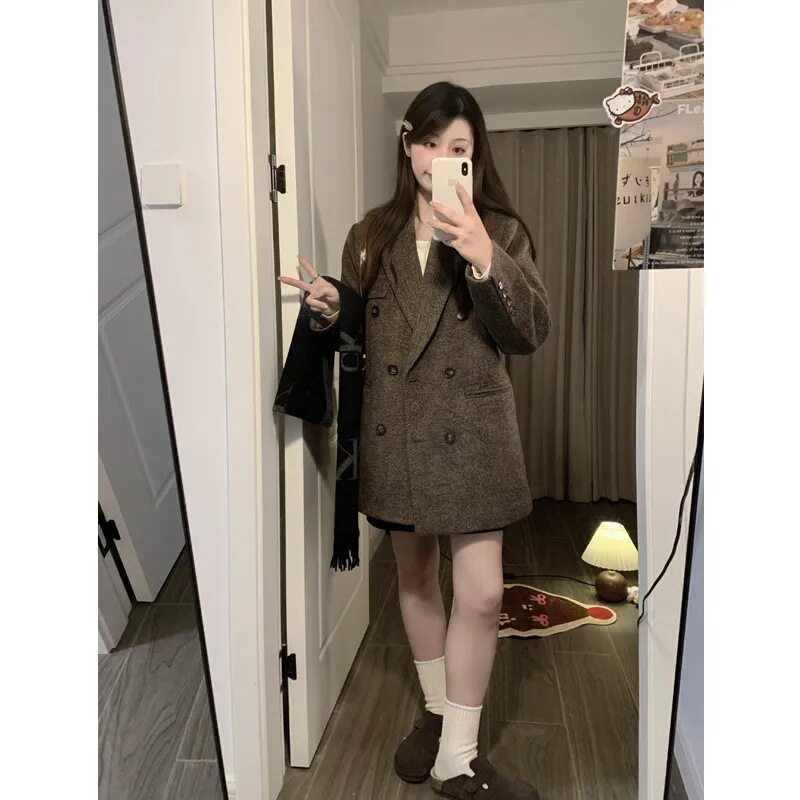 原版面料真口袋 美拉德秋冬新款毛呢小个子西装外套中长大衣