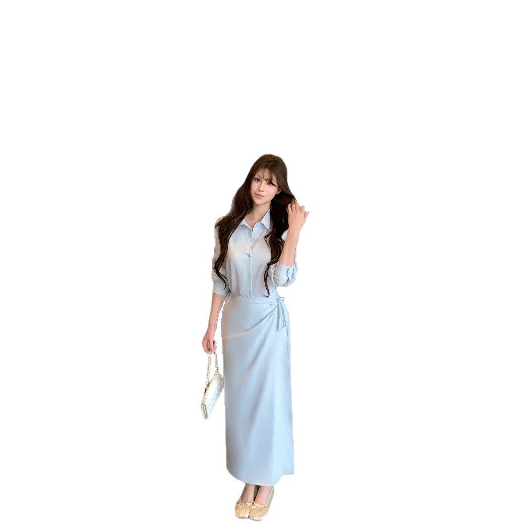 韩系假两件蓝色衬衫连衣裙女装春秋设计感小众显瘦收腰a字长裙子
