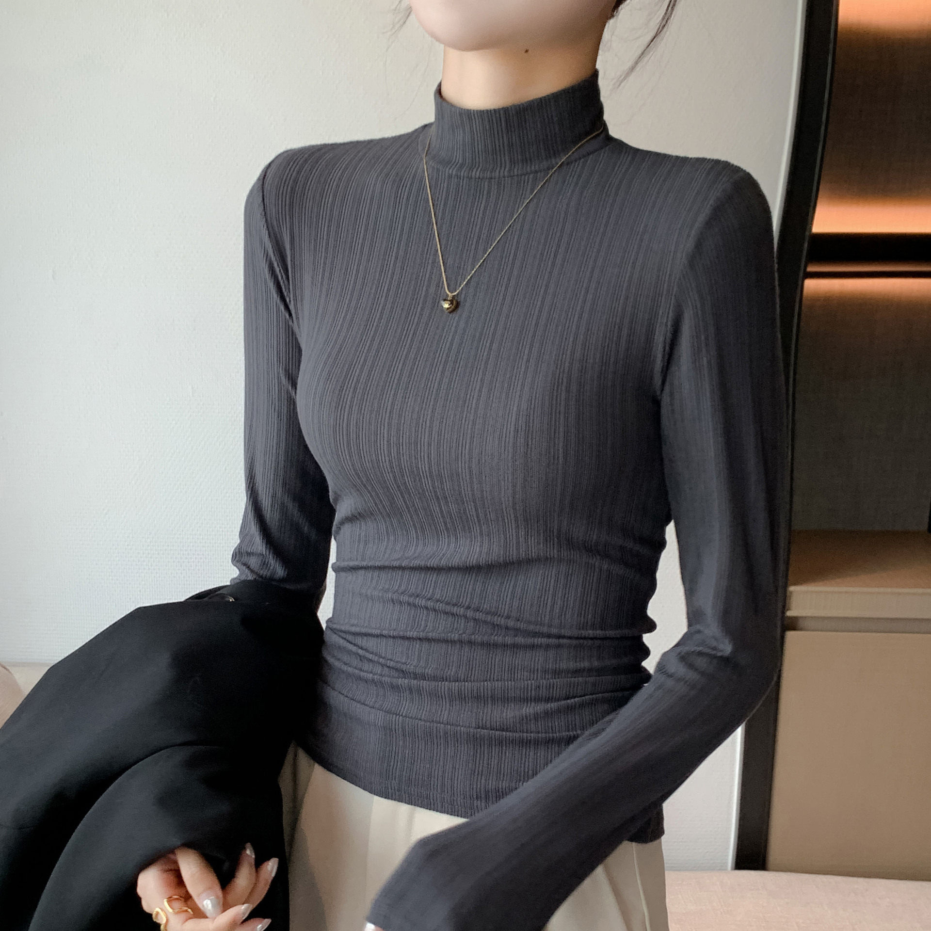 H322半高领秋冬打底衫春秋季女款可外穿新款长袖休闲条纹内搭上衣