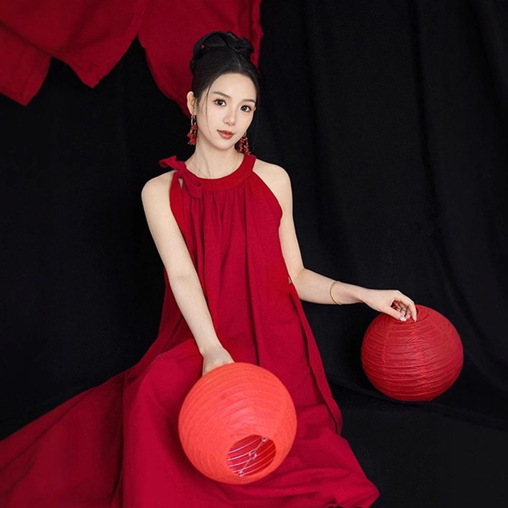 露肩无袖挂脖感晨袍女新娘敬酒服连衣裙订婚酒红色礼服长裙子