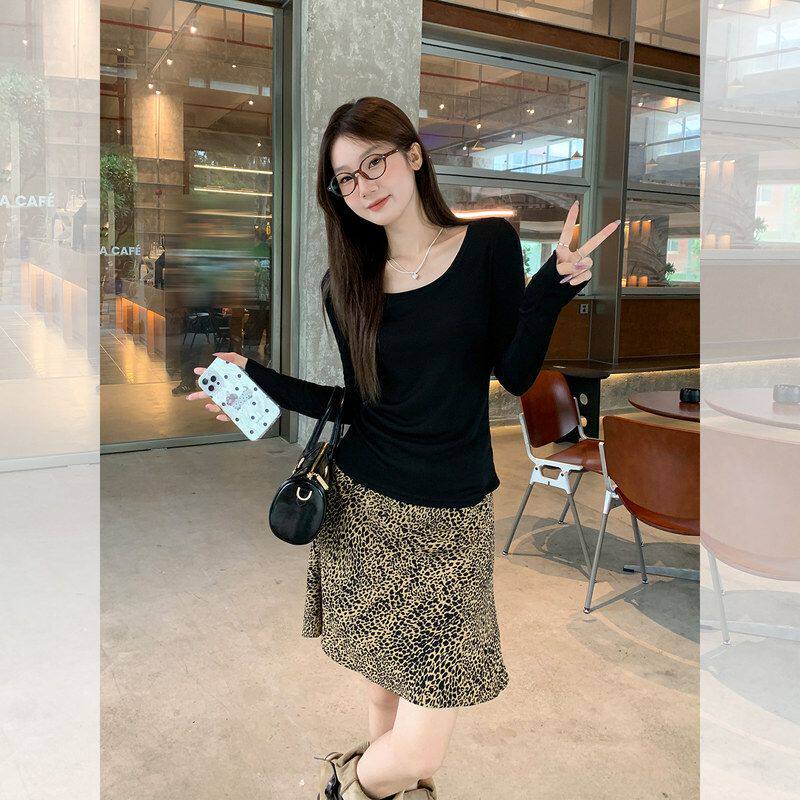 黑色薄款微透大领口长袖T恤女2025年初秋新款宽松显瘦慵懒风上衣