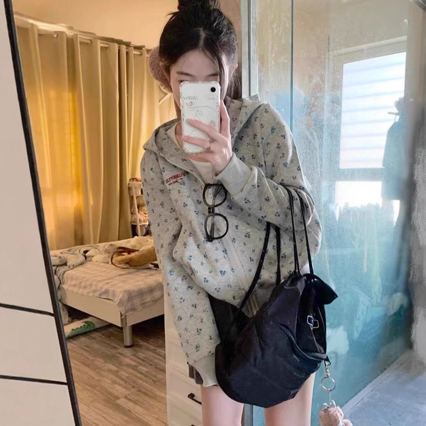 hiphop小碎花拉链连帽卫衣女春秋冬宽松学院风气质休闲百搭外套潮