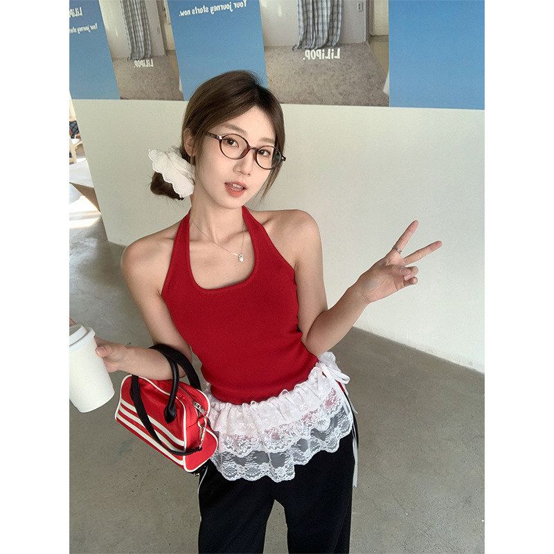 性感辣妹风红色挂脖小吊带背心