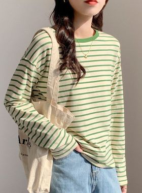 条纹长袖t恤女春秋2025年新款宽松棉绿色薄款打底衫内搭上衣