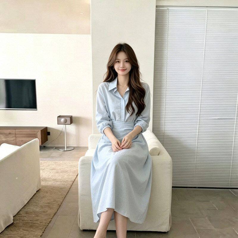 连衣裙小众翻领女衬衫浅蓝长袖