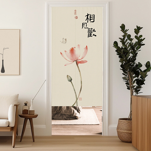 荷花免打孔半帘玄关帘子 门帘隔断帘厨房布帘国风家用卧室挂帘中式