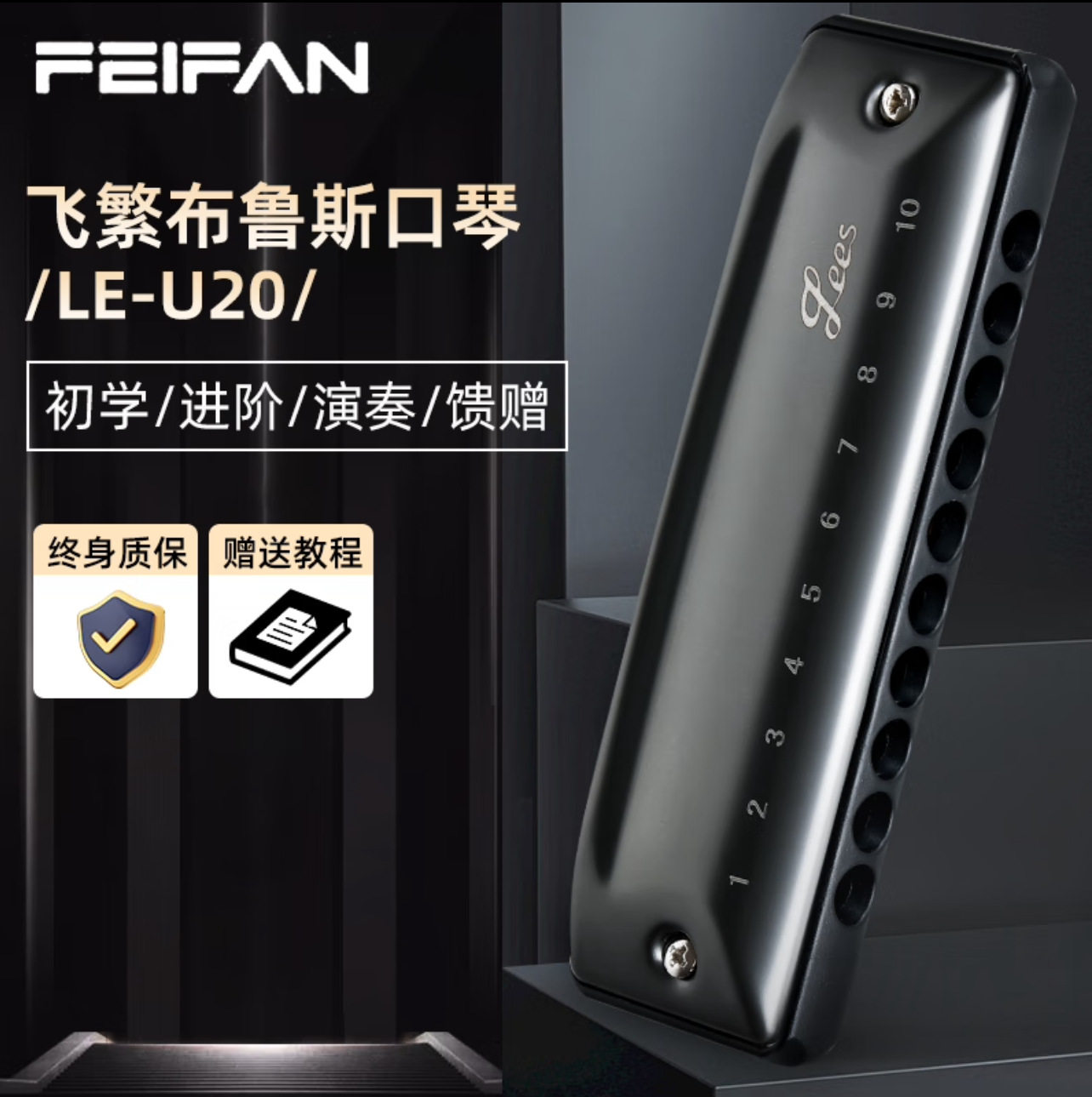 FEIFAN飞繁十孔c调圆孔布鲁斯口琴U20paddy蓝调学生演奏蓝调口琴