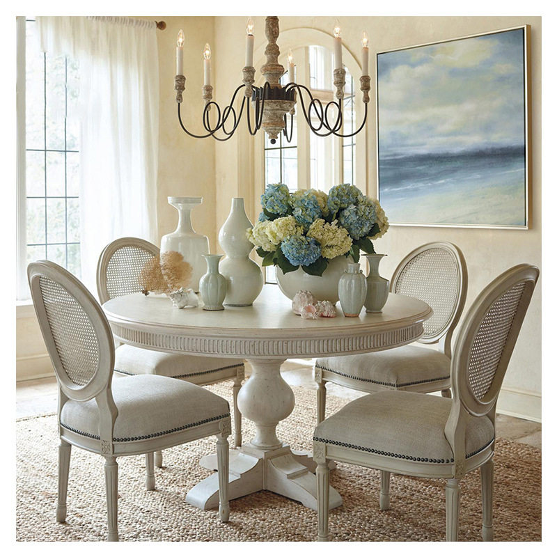 美式乡村实木餐桌椅圆桌法式复古白色做旧圆形小户型饭桌家用