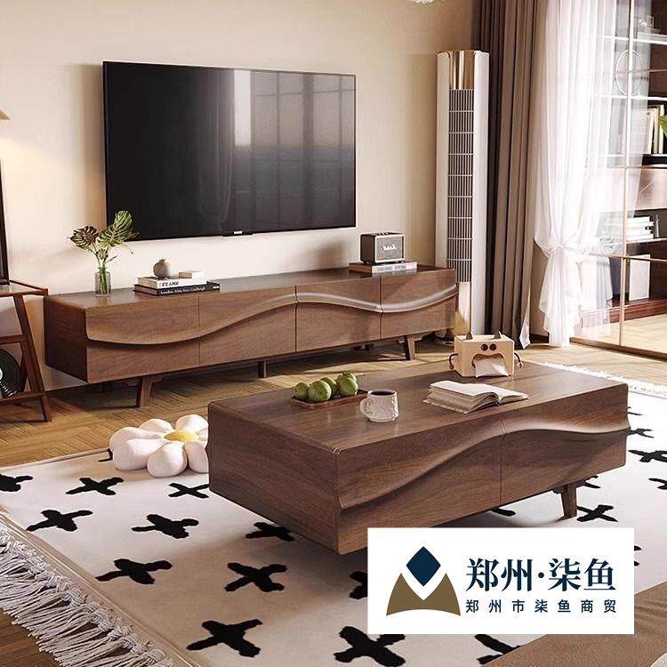 实木茶几电视柜组合客厅家用复古法式中古风胡桃色木纹实木茶桌