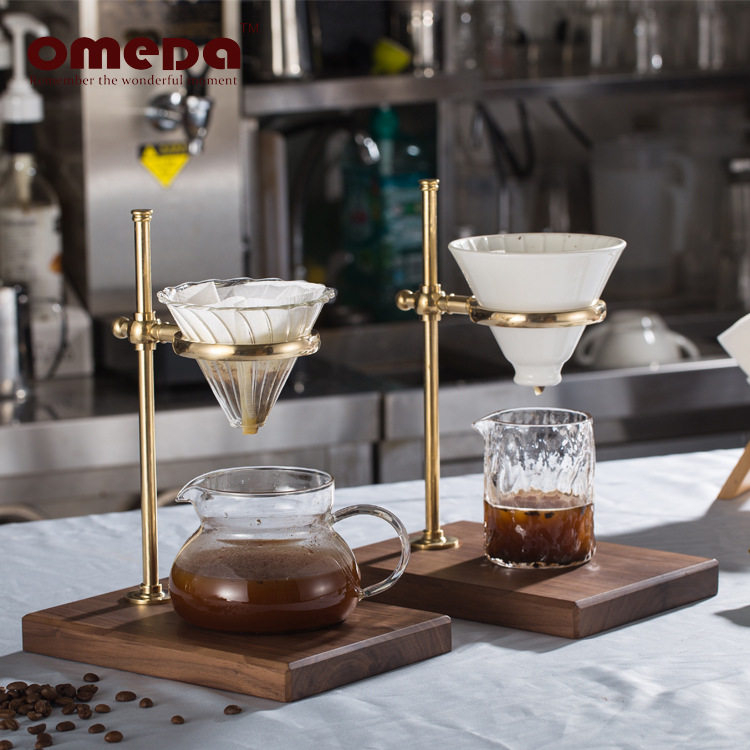 纯铜咖啡手冲架纯铜滤杯架 滴滤支架木底座表面抛光可调高度
