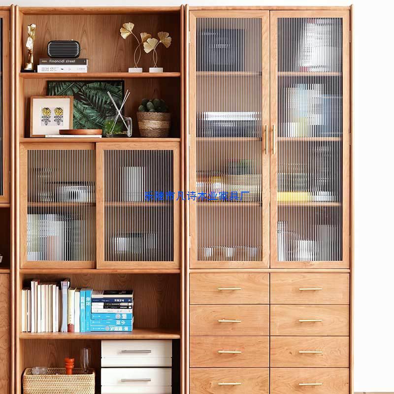 简约实木自由组合书柜 北欧现代樱桃木书架置物架落地展示柜