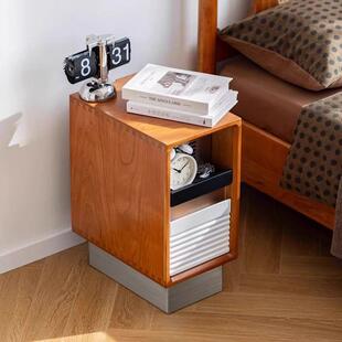 床头柜中古实木简约小型卧室复古移动床边柜超窄小户型储物柜收纳