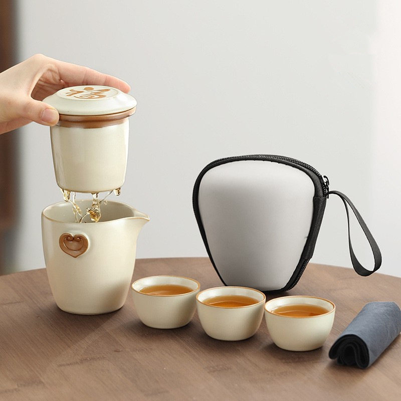 汝窑陶瓷快客杯便携式旅行茶具套装一壶三杯户外露营个人专用茶壶