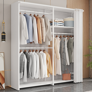 7W衣帽架卧室防尘帘子多功能组合家用金属置物架开放式衣柜衣架落