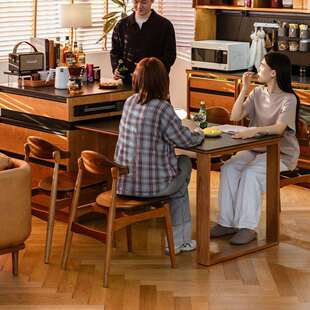 湖心岩板岛台餐桌一体家用可伸缩工作台实木厨房中岛台樱桃木简约