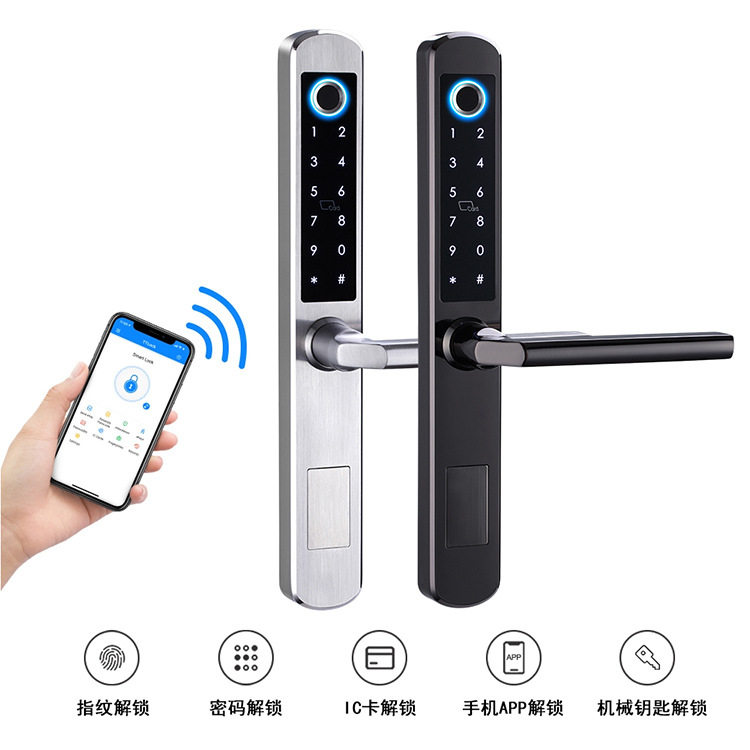 外贸断桥铝智能门锁公寓指纹密码锁蓝牙窄边平移门铝合金门指纹锁