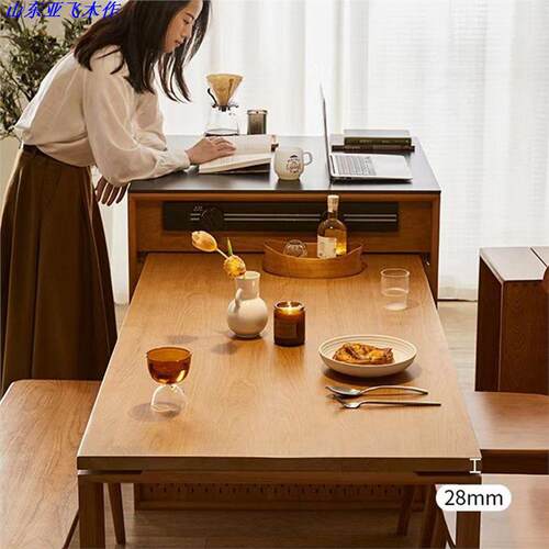樱桃木北欧岛台 餐边柜一体 日式岩板吧台 伸缩黑胡桃木全实木储
