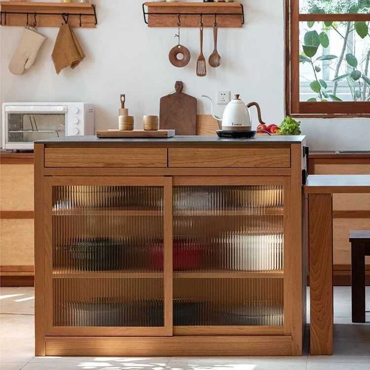 北欧樱桃木实木岛台岩板台面厨房收纳餐边柜黑胡桃木茶水吧台储物