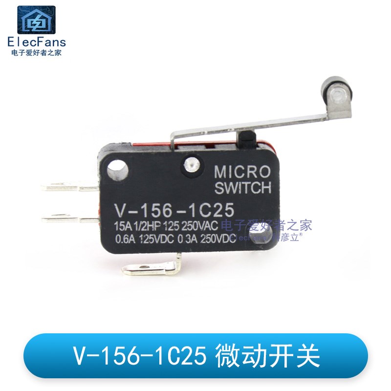 V-156-1C25 行程限位微动开关 15A 铜脚银触点自复位带滚轮 三3脚