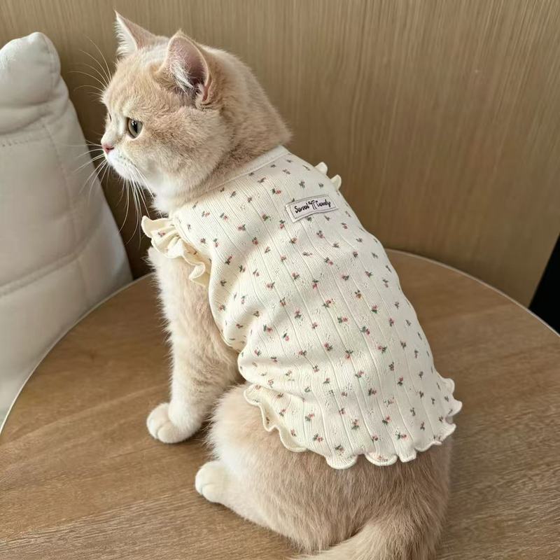 泰迪雪纳瑞碎花飞袖宠物背心春秋猫咪狗狗防掉毛家居公主衣服