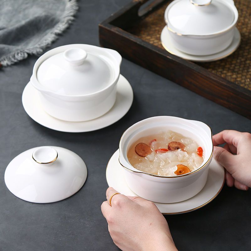 美容院甜品蒸蛋矮款双耳带盖陶瓷汤盅西餐隔水炖燕窝碗家用炖盅