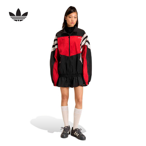 adidas阿迪达斯三叶草女下摆花边拼接撞色宽松休闲梭织外套KC9134