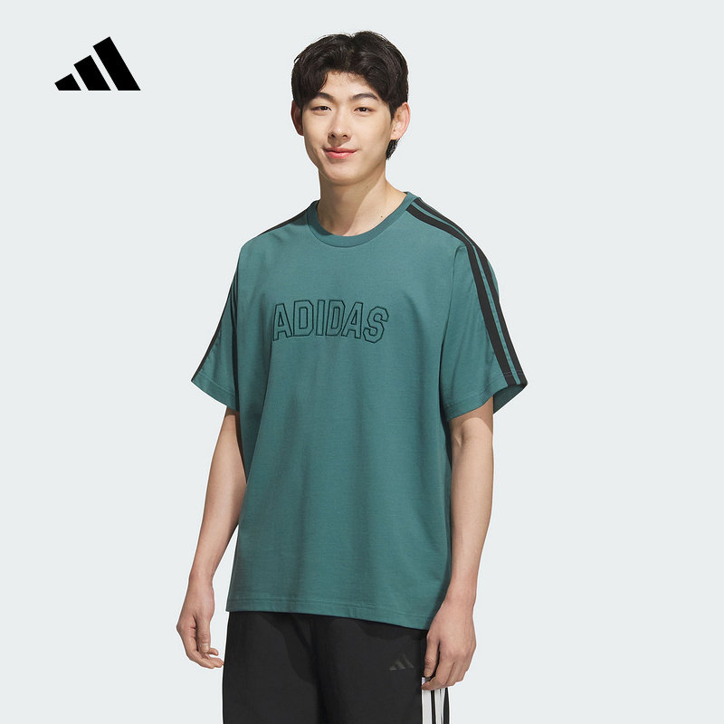 adidas阿迪达斯2025秋男棉运动休闲短袖三条纹T恤宽松透气KC2838