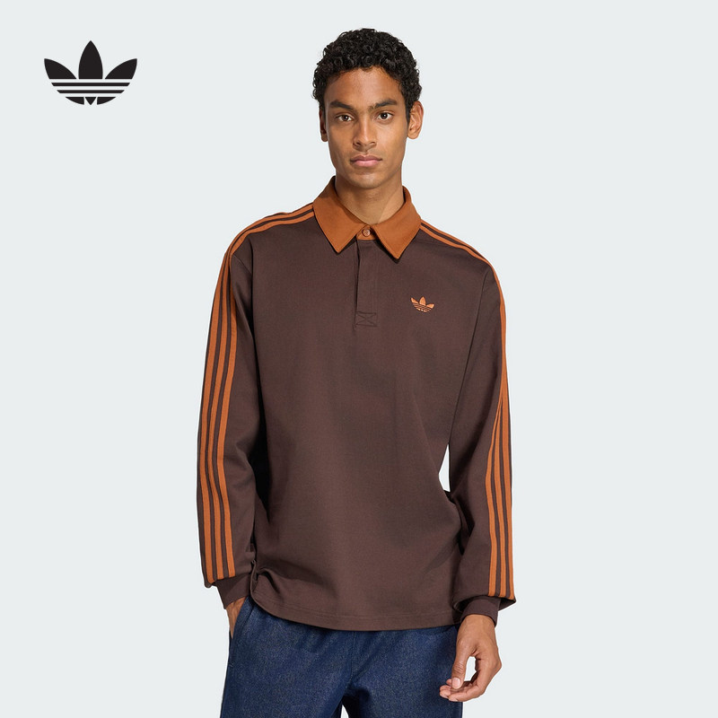adidas阿迪达斯三叶草橄榄球风翻领T恤冬修身男长袖POLO衫 KE4112