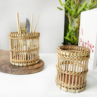 越南藤编复古木质编织笔筒笔桶桌面文具梳子化妆收纳筒摆件刀叉筒