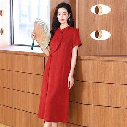 真丝香云纱女2025夏季新款女文艺复古改良旗袍红色桑蚕丝连衣裙
