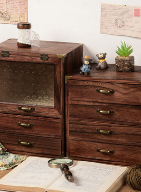 实木化妆台桌面整理n置物摆件zakka抽屉床头装饰架复古收纳柜摆设