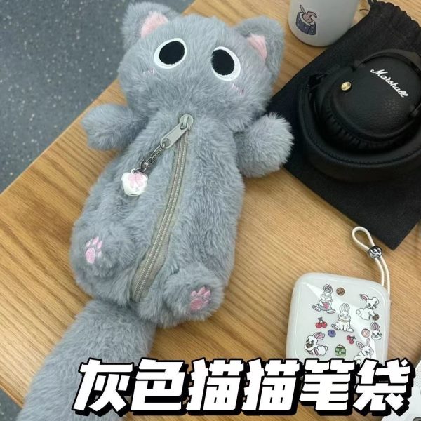 小毛桌面同款灰色大容量茸茸小猫颜值高笔袋可爱书红学生文具笔袋