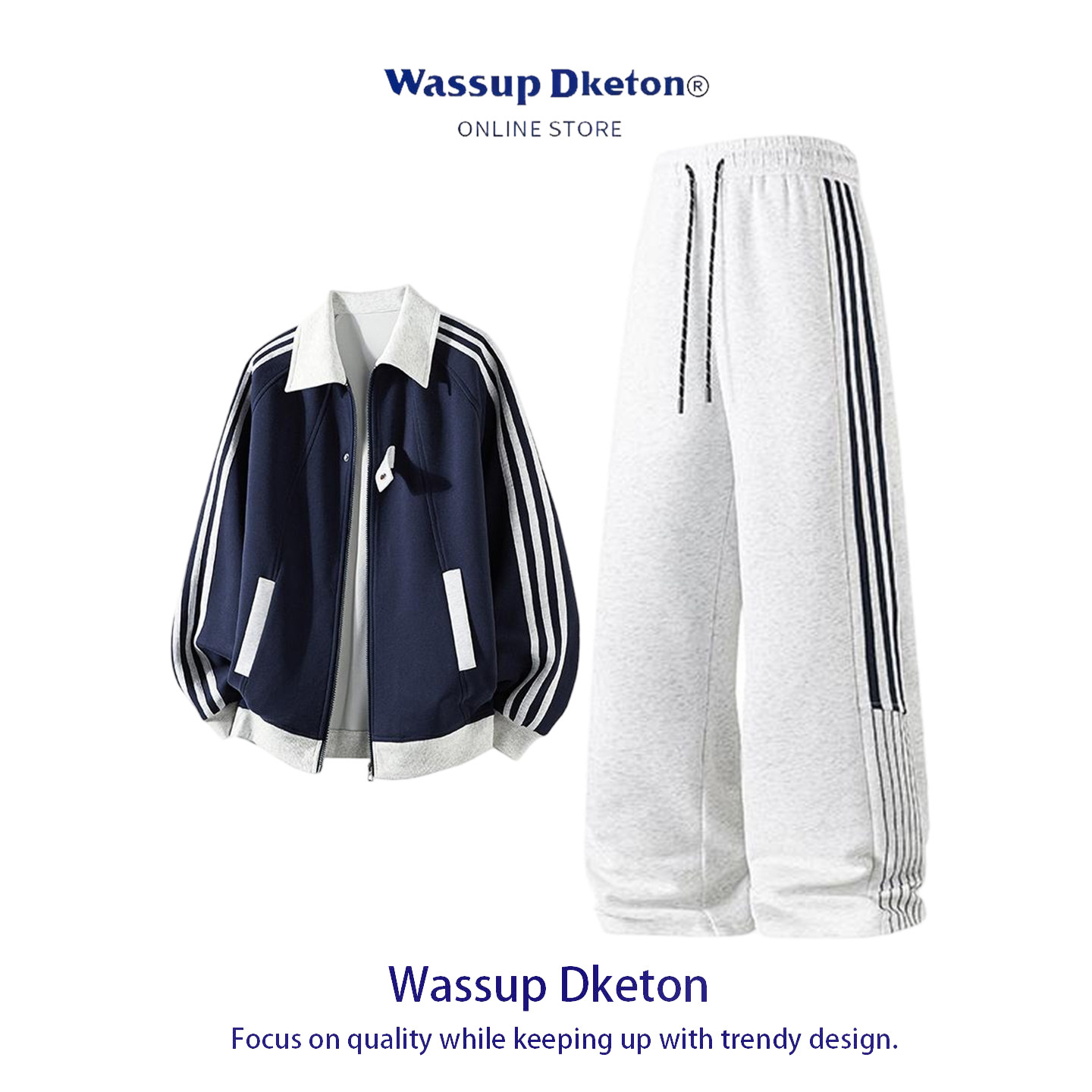 WASSUP DKETON运动休闲套装男秋冬季加绒加厚夹克条纹两件套外套