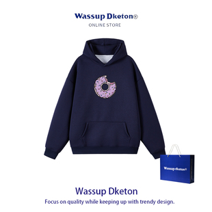 WASSUP DKETON美式潮牌连帽套头卫衣男休闲宽松甜甜圈印花上衣