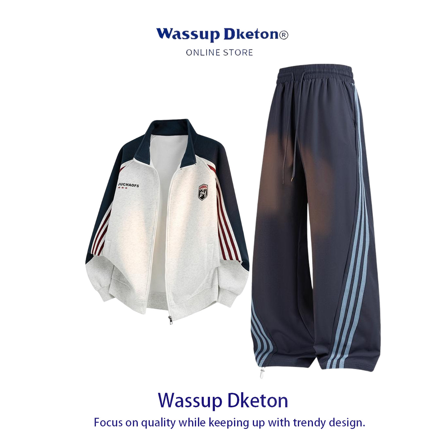 WASSUP DKETON运动夹克休闲裤套装男秋冬季拼色条纹加绒加厚外套