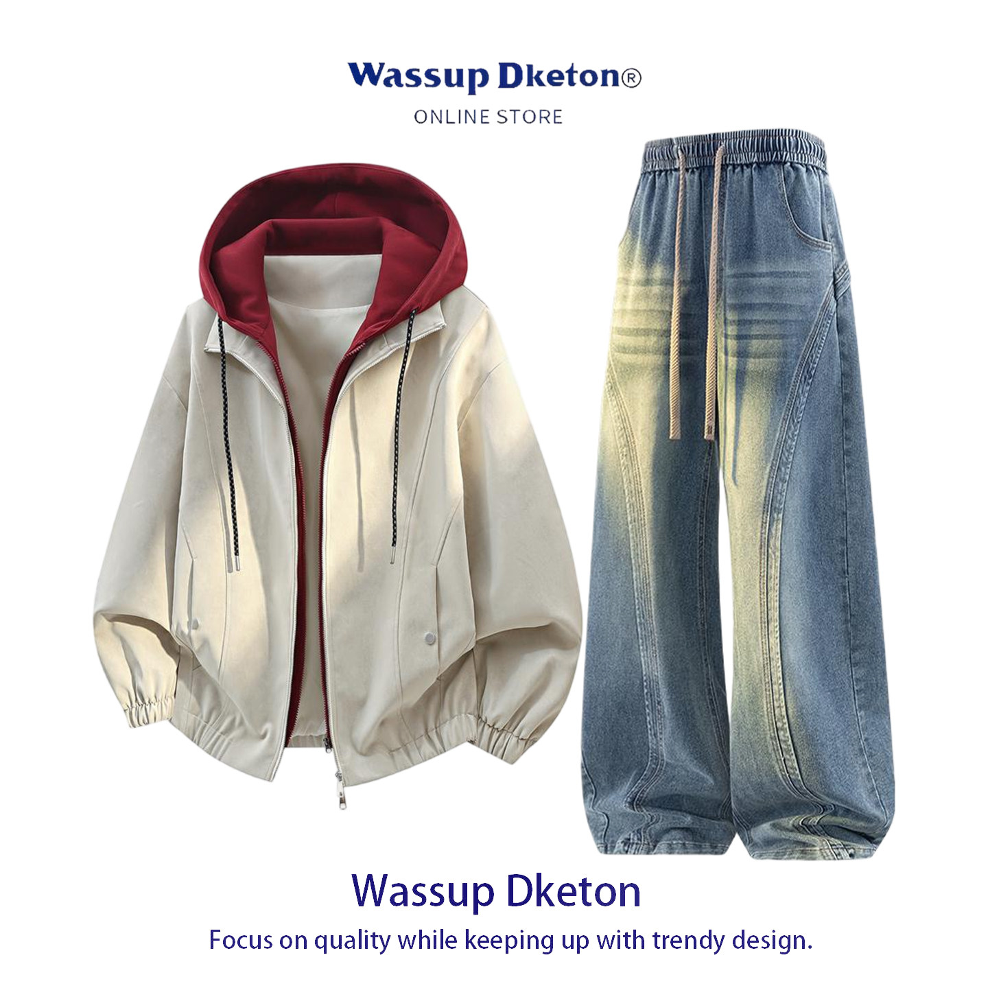 WASSUP DKETON假两件连帽夹克大码男装宽松秋冬外套休闲套装裤子